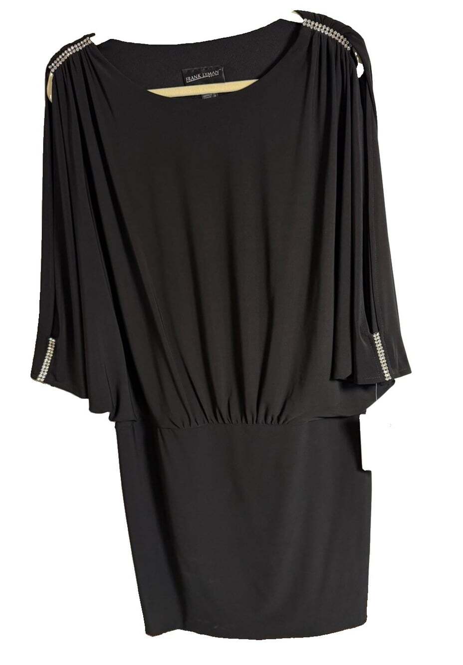 NWT Frank Lyman Black Blouson Cocktail Dress Rhinestone Shoulder Batwing 16